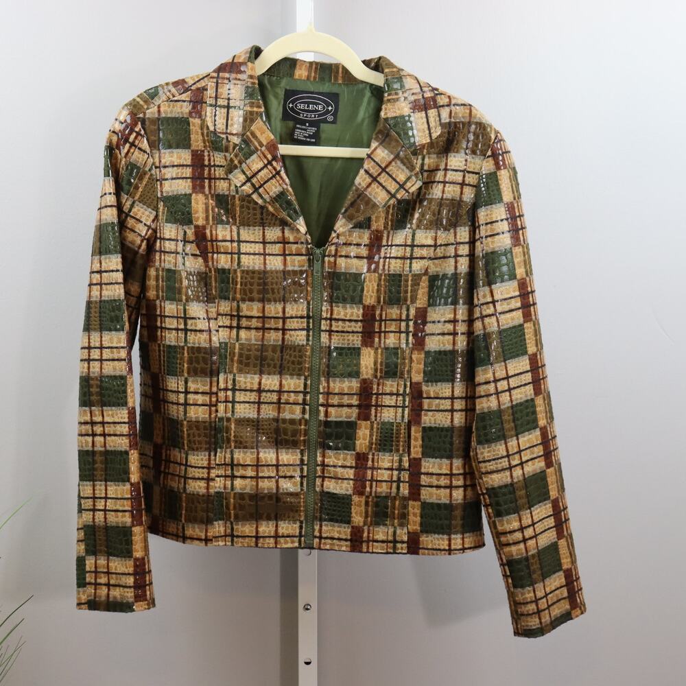 Vintage Selene Sport PVC Plaid‎ Jacket Green Brown Size Small